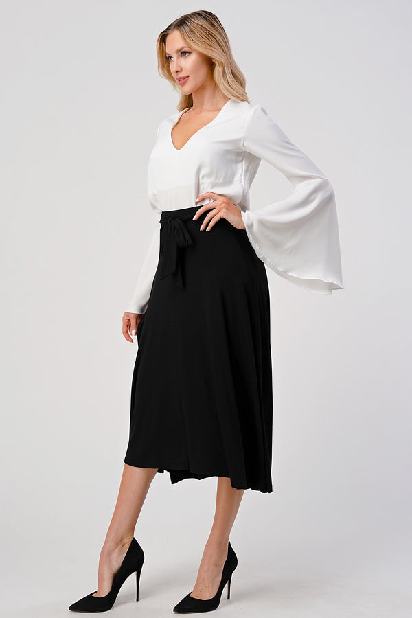 1201NS. Solid Jersey high waist, midi-skirt, relaxed fit, waist tie
