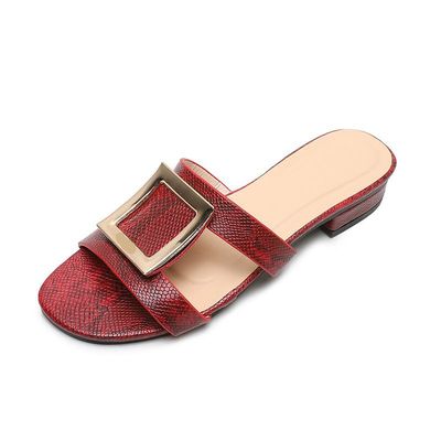 Ladies slippers low-heeled flip-flops with square buckle