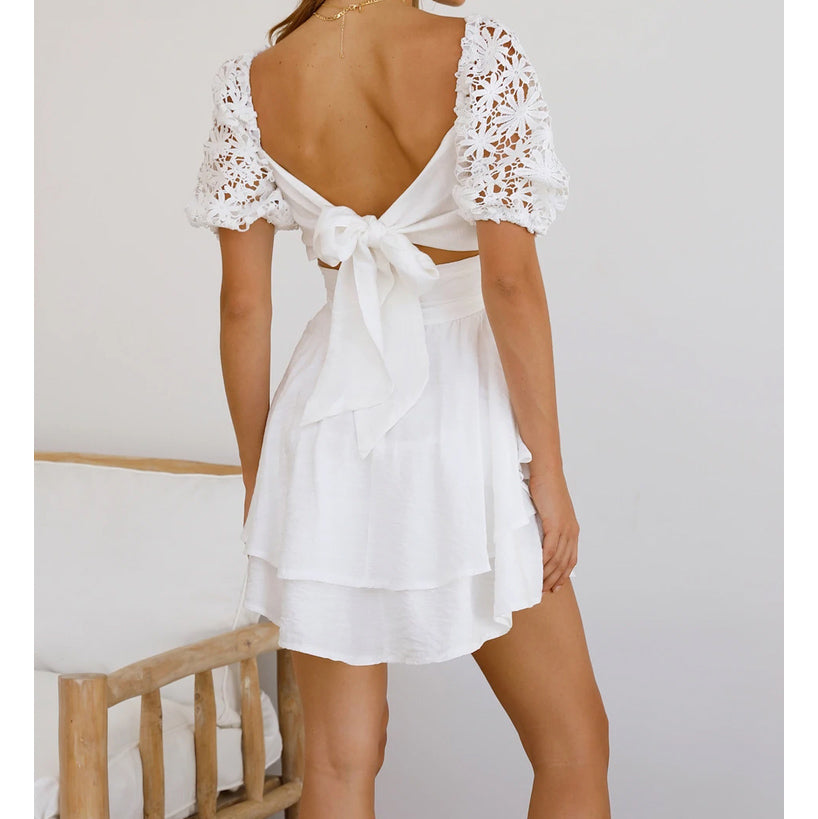 Elegant Square Neck Backless White Lace Mini Dress