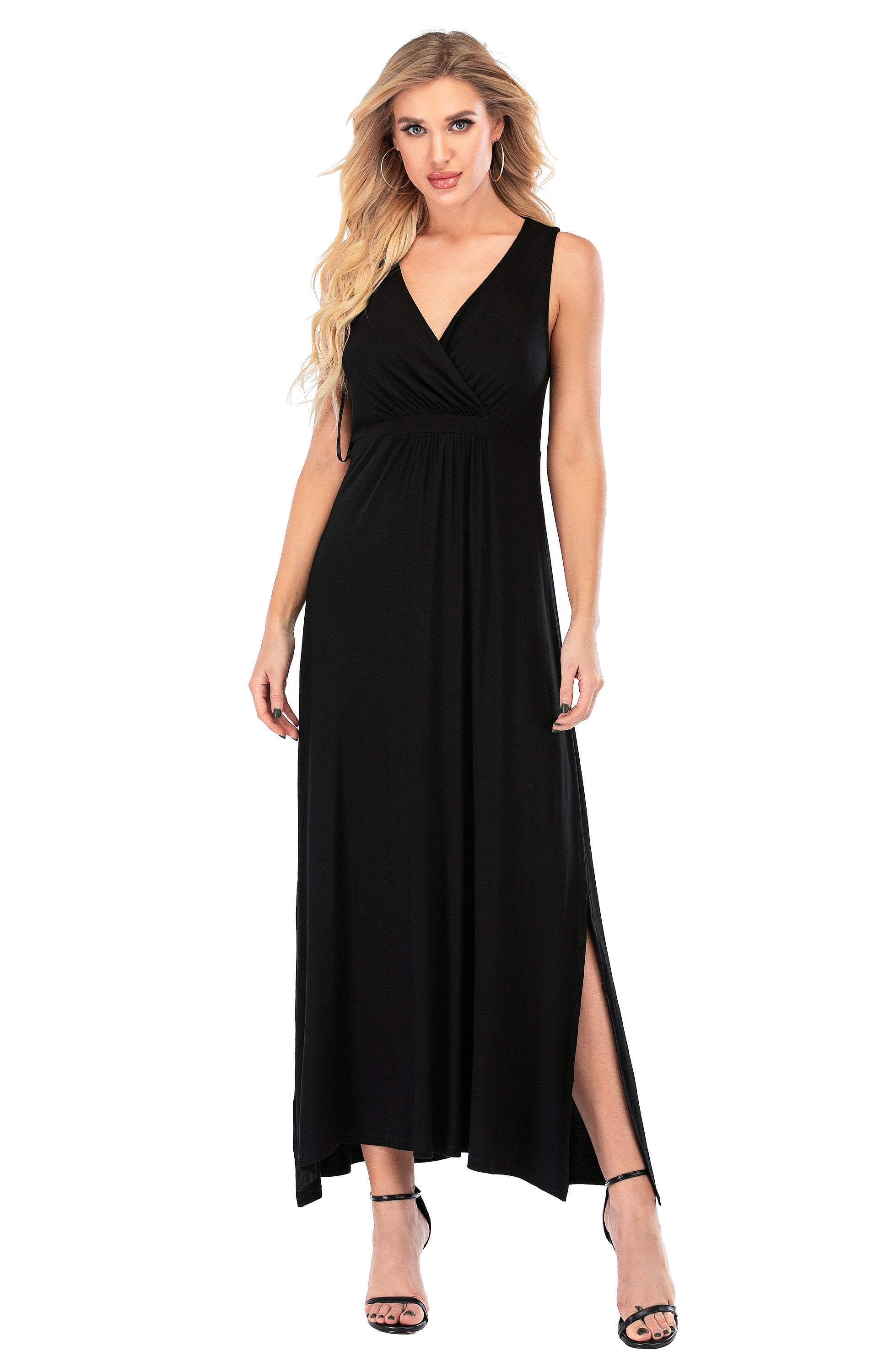 Calison Women's Sleeveless V-Neck Maxi Black Dress