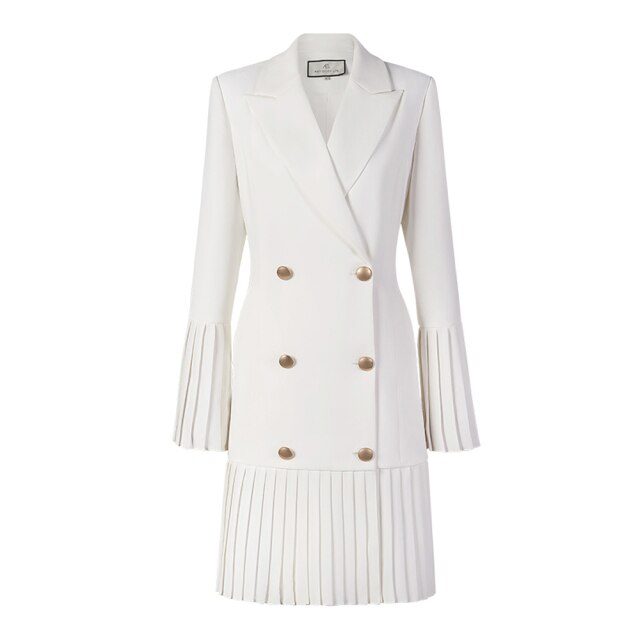 Elegant pleated women office long blazer white dress