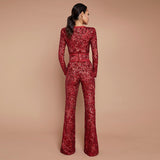 Sequins Bandage Jumpsuits Sexy O Neck Long Sleeve& Full Pants Club Party Casual Rompers Jumpsuits