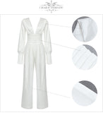New Summer Women's Fashion White V Neck Club Jumpsuits Sexy Full Sleeve & Long Pants Evening Casual Ladies Jumpsuits