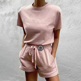 Pure Color Two Piece Sets For Female O Neck Short Sleeve T-Shirt Lace Up Shorts
