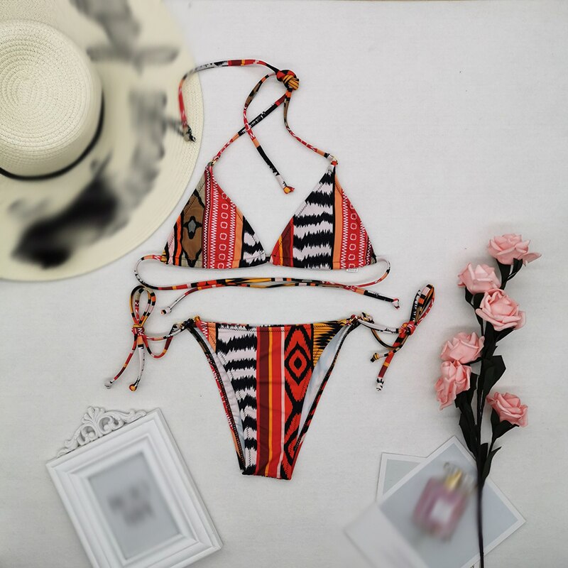 Print Hit Color Swimsuit Lace Up Bowknot Bikini