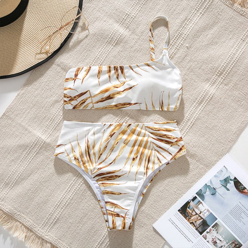 Print Hit Color Asymmetric Off Shoulder Top High Waist Bikini Set