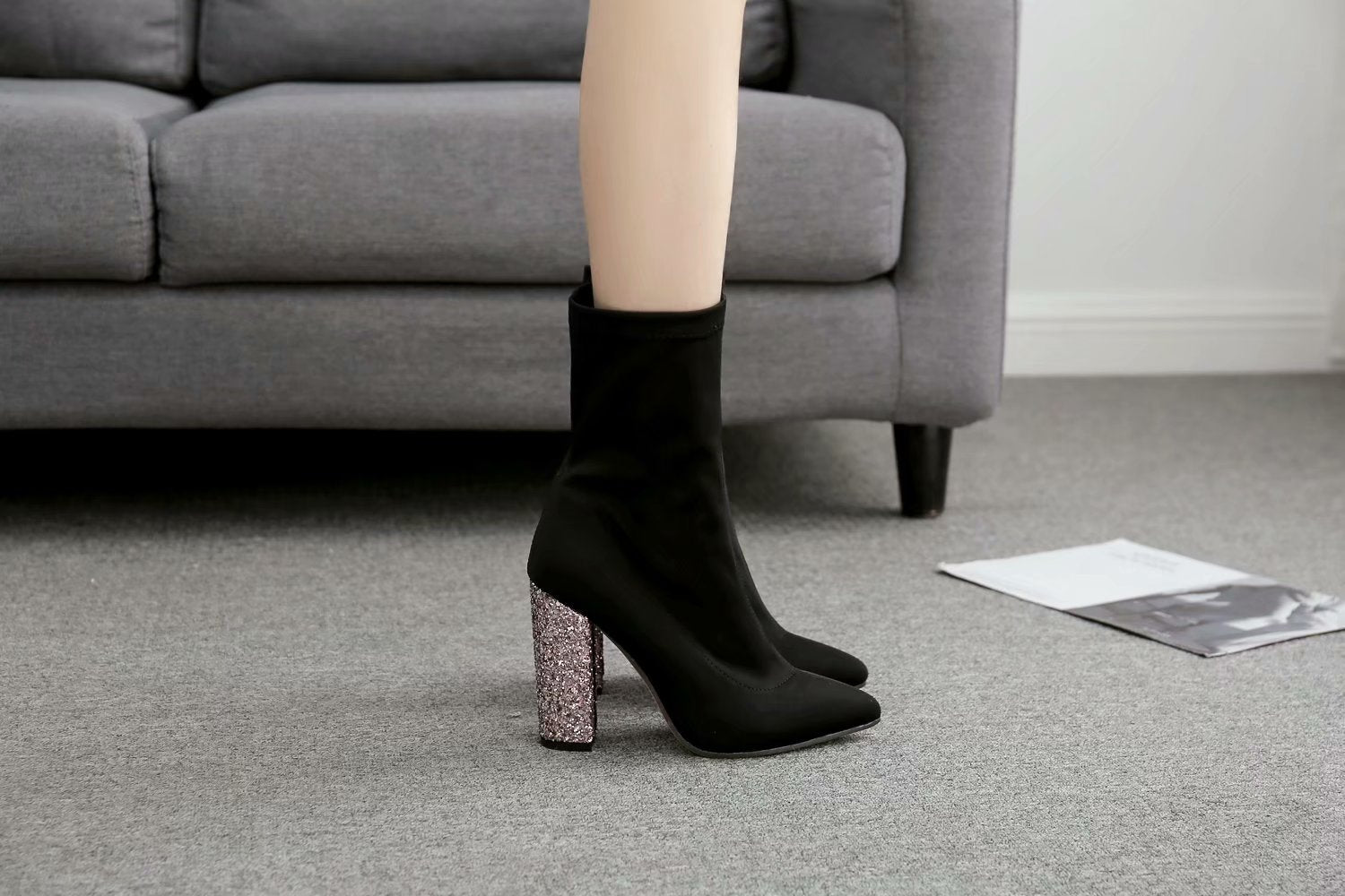 Stretch cloth thick heel high heel women's boots