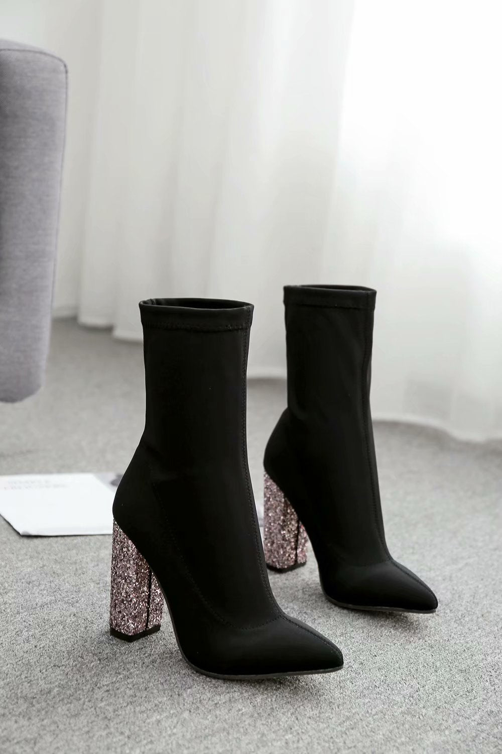 Stretch cloth thick heel high heel women's boots